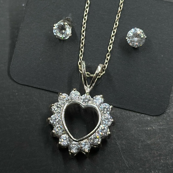 Sterling Silver Heart Pendant CZ Diamond Necklace Stud Earring Bundle 925 Italy - Picture 7 of 7